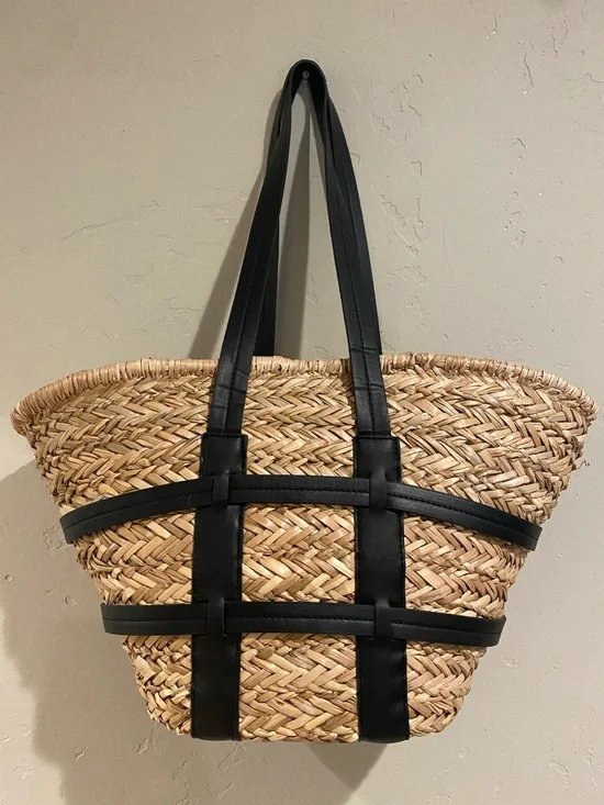 Woven Straw Tote Bag with Black Trim - Picture 1 of 7